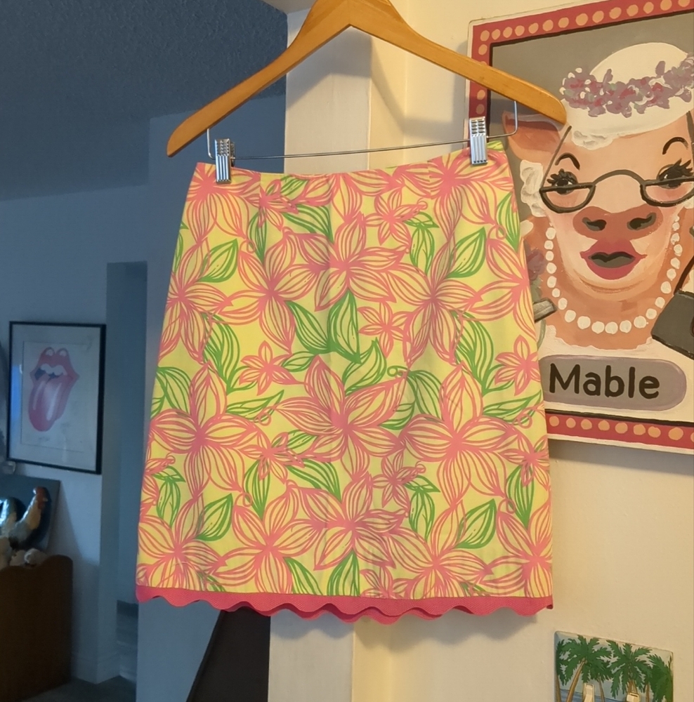 💕 LILLY PULITZER Vintage Women's Sz 2 Pink & Green Floral Cotton Skirt, Lined